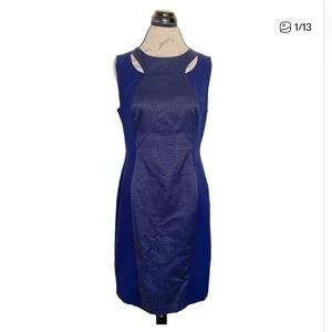 Cache Dress Womens Sleeveless Blue Textured Sheath Open Back Date Night Size 6